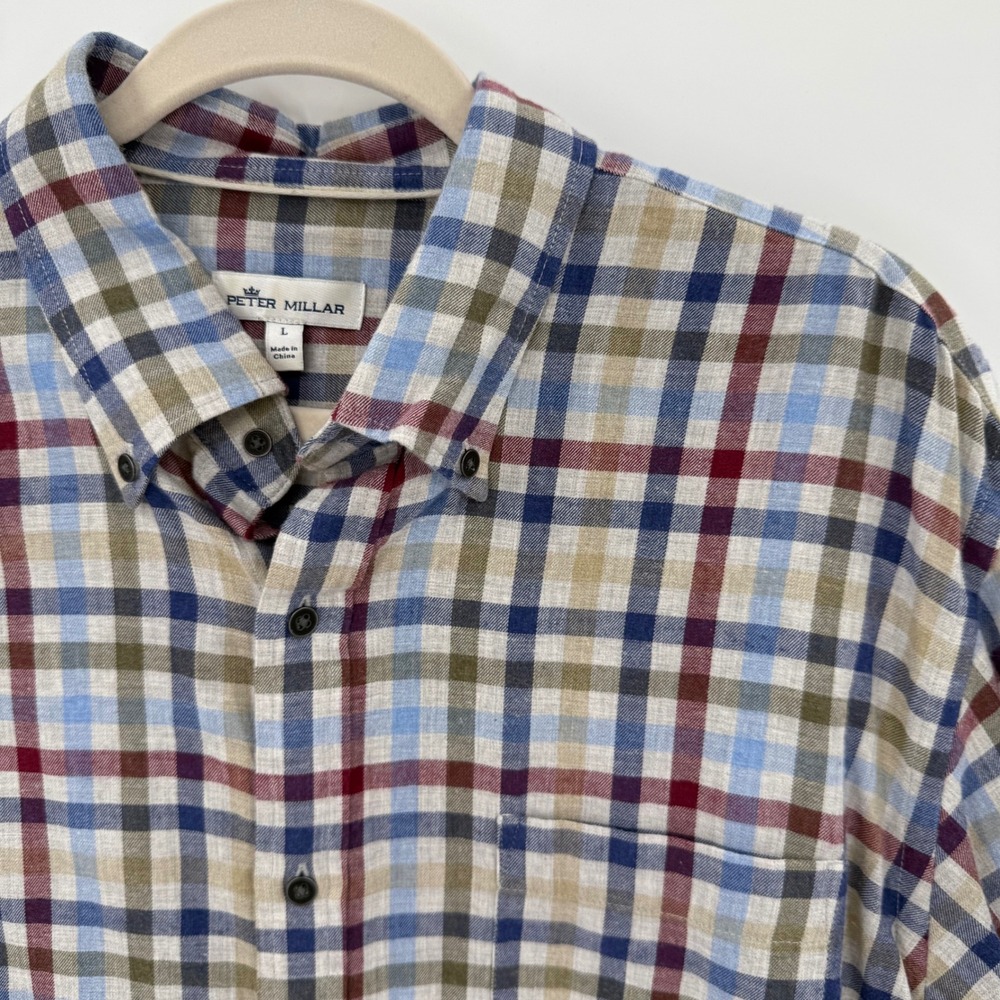 Peter Millar Mens L Button‎ Down Shirt Long Sleeve Plaid Checkered Preppy Casual